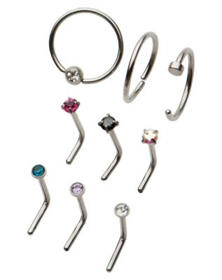 Multi-Pack CZ Multi-Colored Silvertone L-Bend and Hoop Nose Rings 9 Pack - 20 Gauge