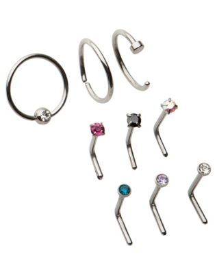 Multi-Pack CZ Multi-Colored Silvertone L-Bend and Hoop Nose Rings 9 Pack - 20 Gauge