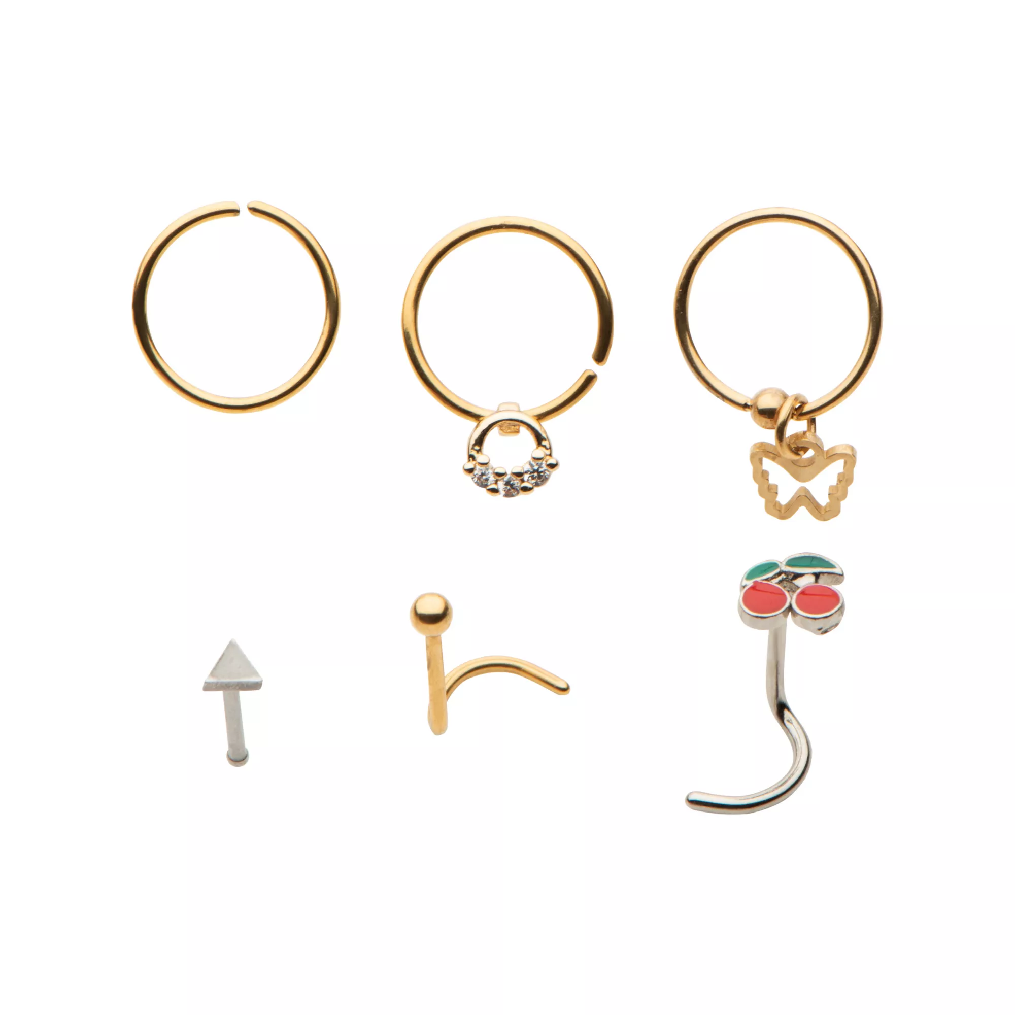 Multi-Pack CZ Cherry Butterfly Pin L-Bend and Hoop Nose Rings 6 Pack - 16 Gauge at Spencer's