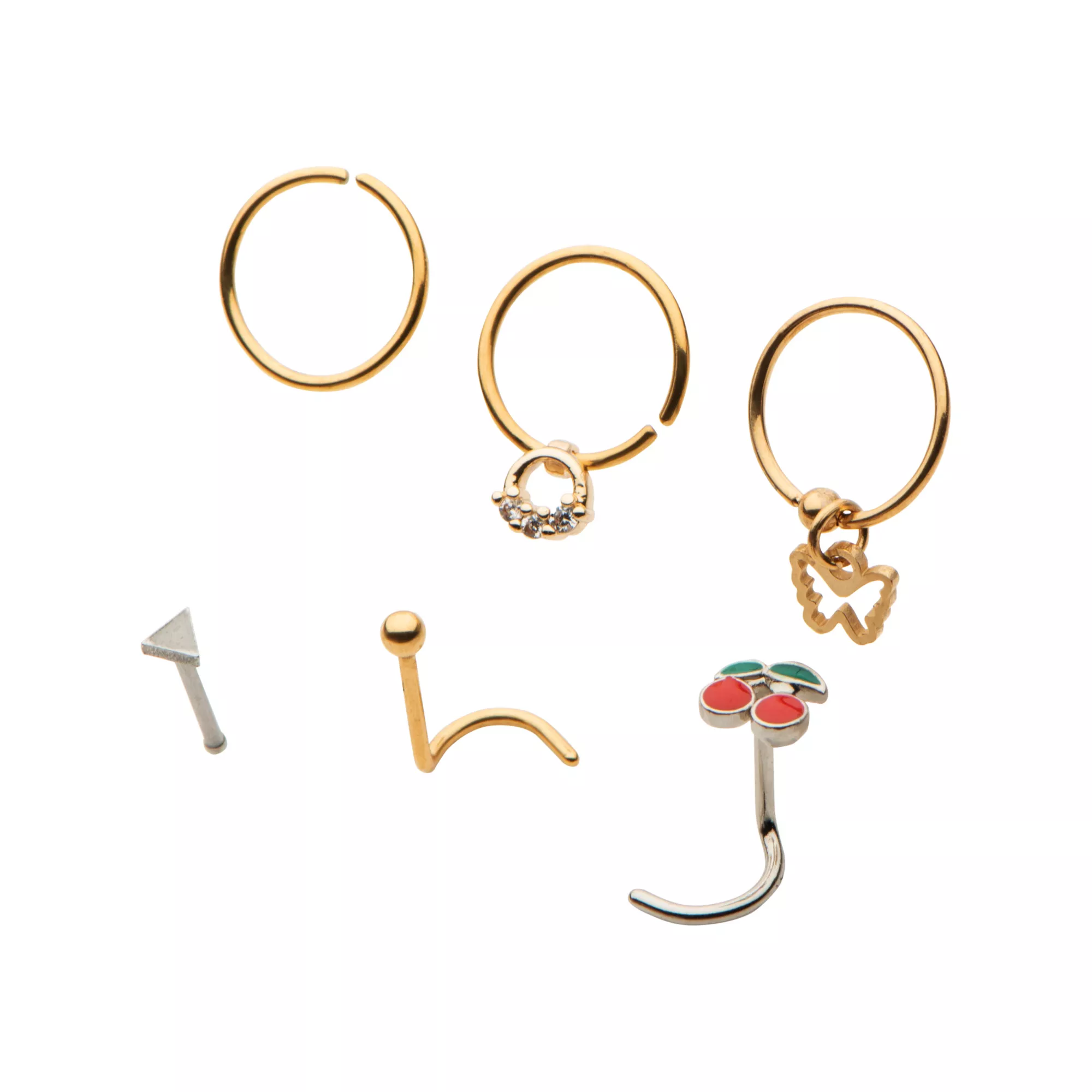 Multi-Pack CZ Cherry Butterfly Pin L-Bend and Hoop Nose Rings 6 Pack - 16 Gauge at Spencer's