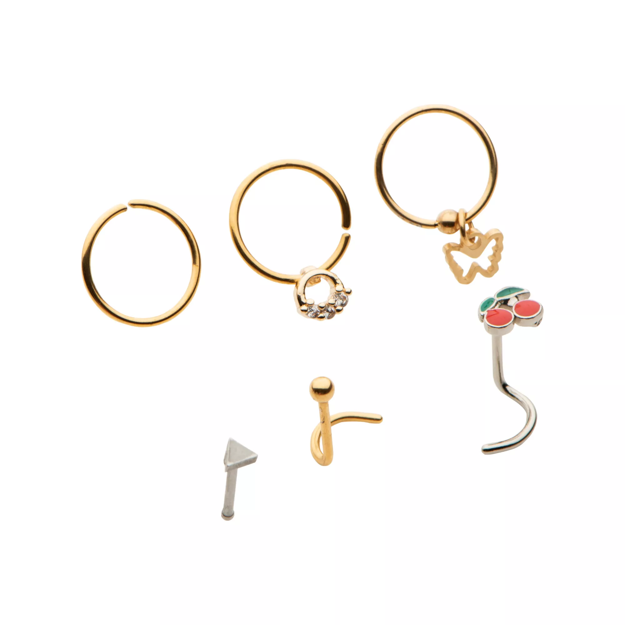 Multi-Pack CZ Cherry Butterfly Pin L-Bend and Hoop Nose Rings 6 Pack - 16 Gauge at Spencer's