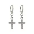 CZ Silvertone Titanium Cross Dangle Huggie Hoop Earrings at Spencer's