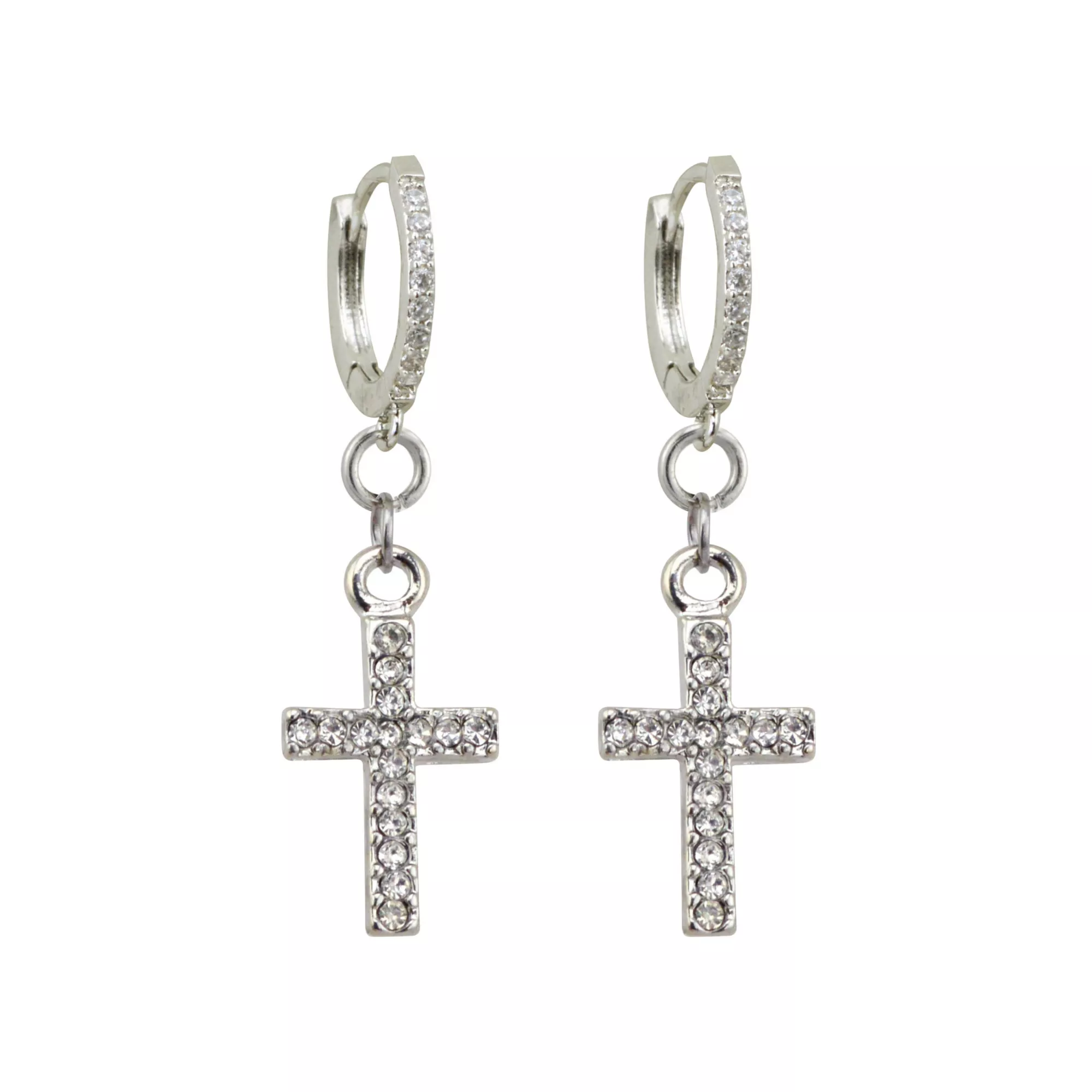 CZ Silvertone Titanium Cross Dangle Huggie Hoop Earrings at Spencer's
