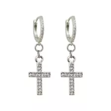 CZ Silvertone Titanium Cross Dangle Huggie Hoop Earrings at Spencer's