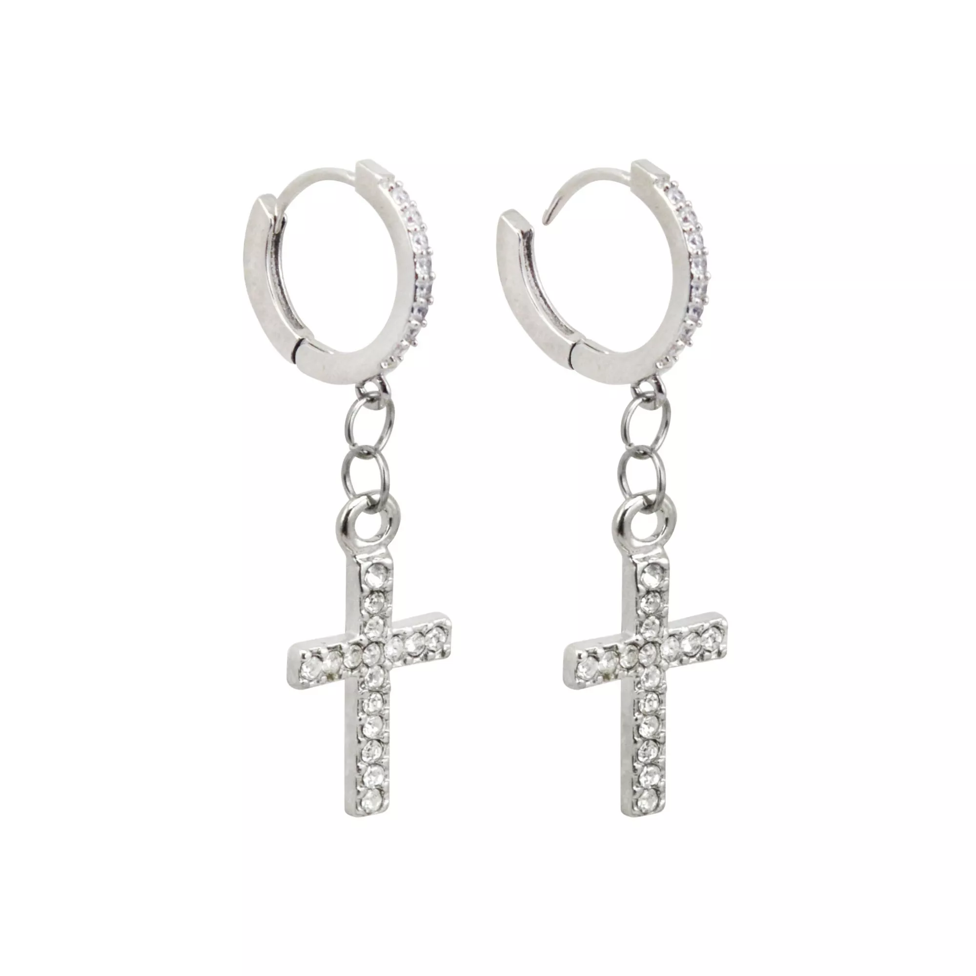 CZ Silvertone Titanium Cross Dangle Huggie Hoop Earrings at Spencer's
