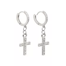 CZ Silvertone Titanium Cross Dangle Huggie Hoop Earrings at Spencer's