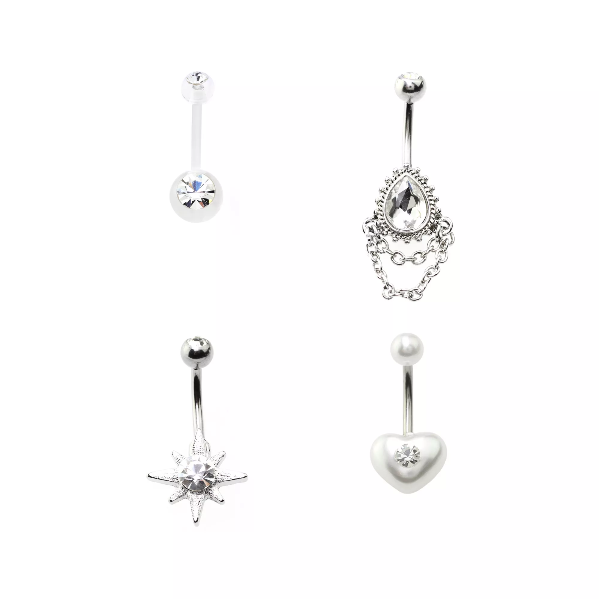 Multi-Pack CZ Star Heart and Teardrop Belly Rings 4 Pack - 14 Gauge at Spencer's