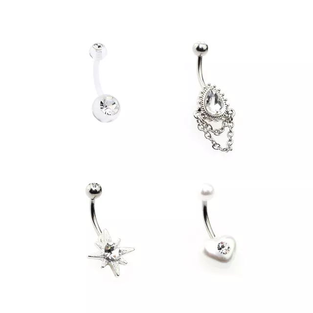 Multi-Pack CZ Star Heart and Teardrop Belly Rings 4 Pack - 14 Gauge at Spencer's