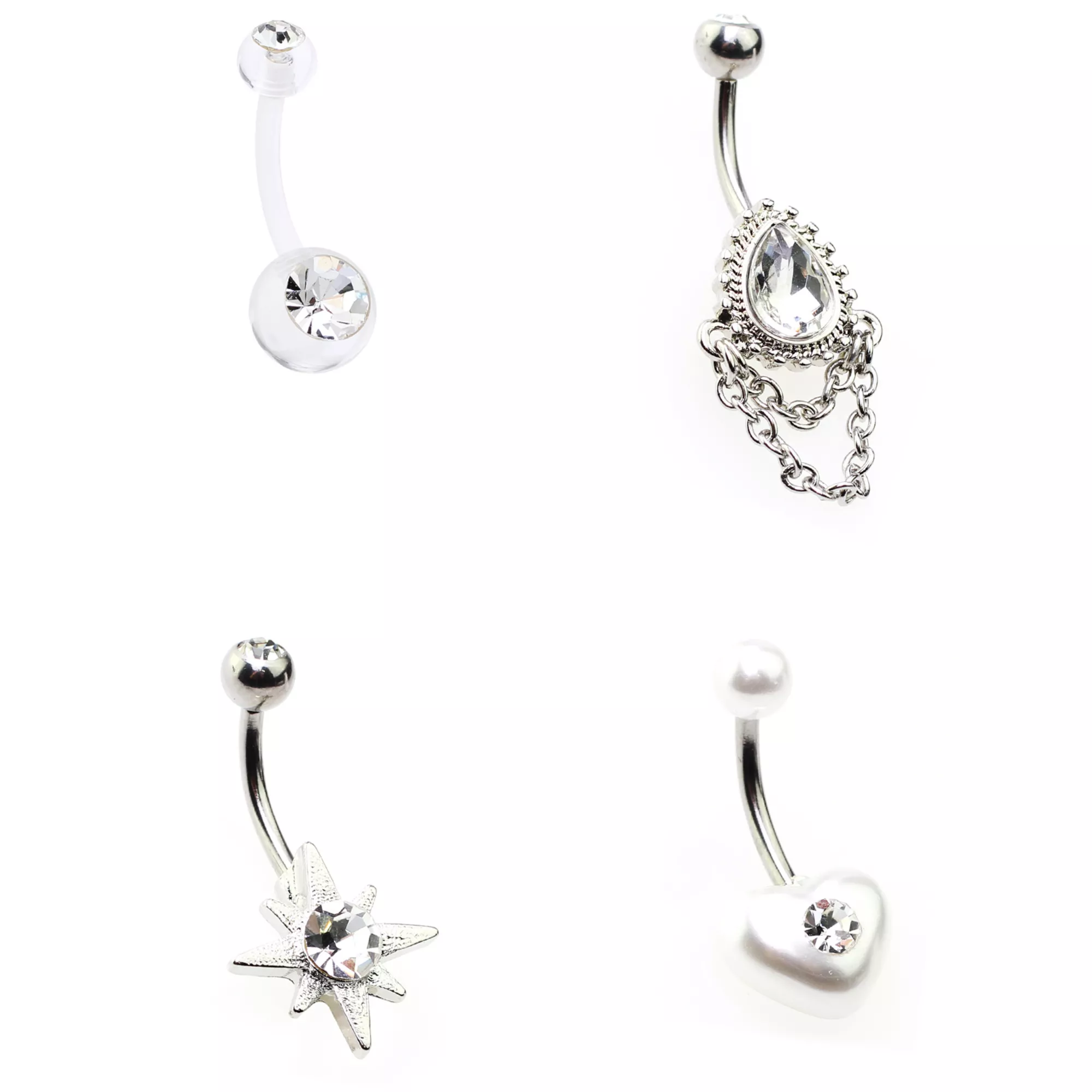 Multi-Pack CZ Star Heart and Teardrop Belly Rings 4 Pack - 14 Gauge at Spencer's