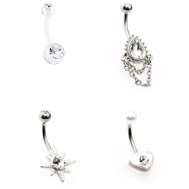 Multi-Pack CZ Star Heart and Teardrop Belly Rings 4 Pack - 14 Gauge at Spencer's