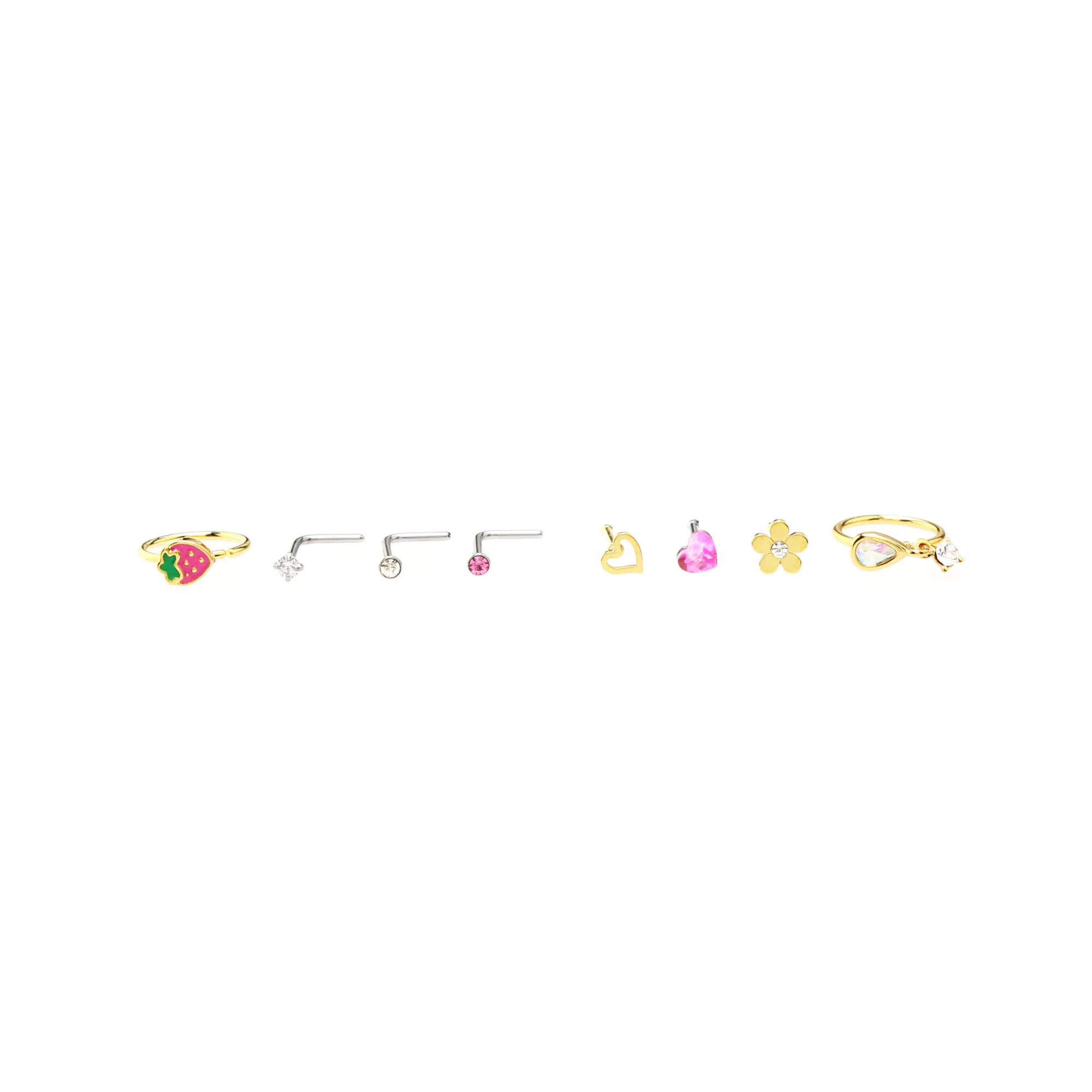 Multi-Pack CZ Flower and Strawberry Mixed Nose Rings 9 Pack - 20 Gauge at Spencer's