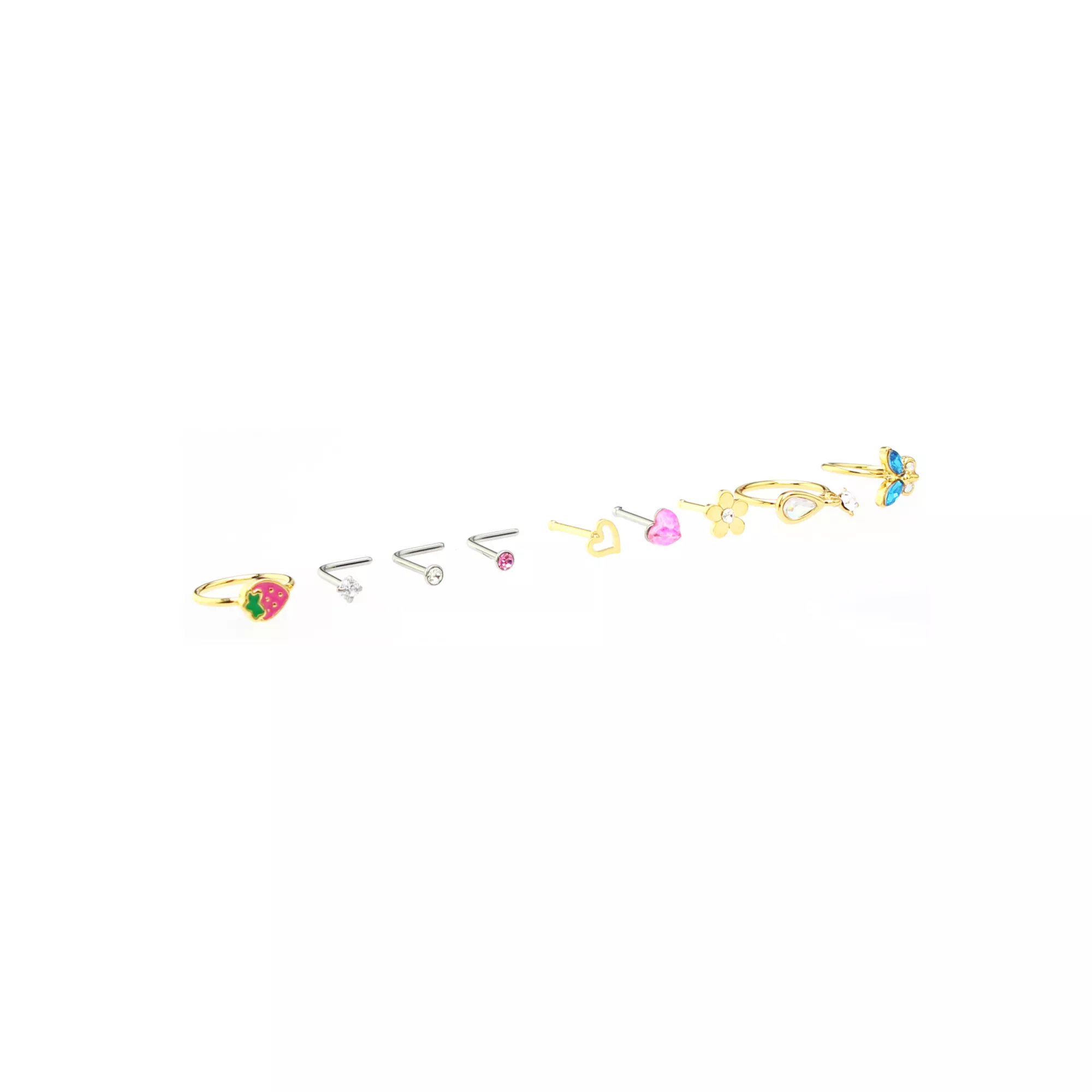 Multi-Pack CZ Flower and Strawberry Mixed Nose Rings 9 Pack - 20 Gauge at Spencer's