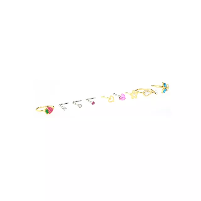 Multi-Pack CZ Flower and Strawberry Mixed Nose Rings 9 Pack - 20 Gauge at Spencer's