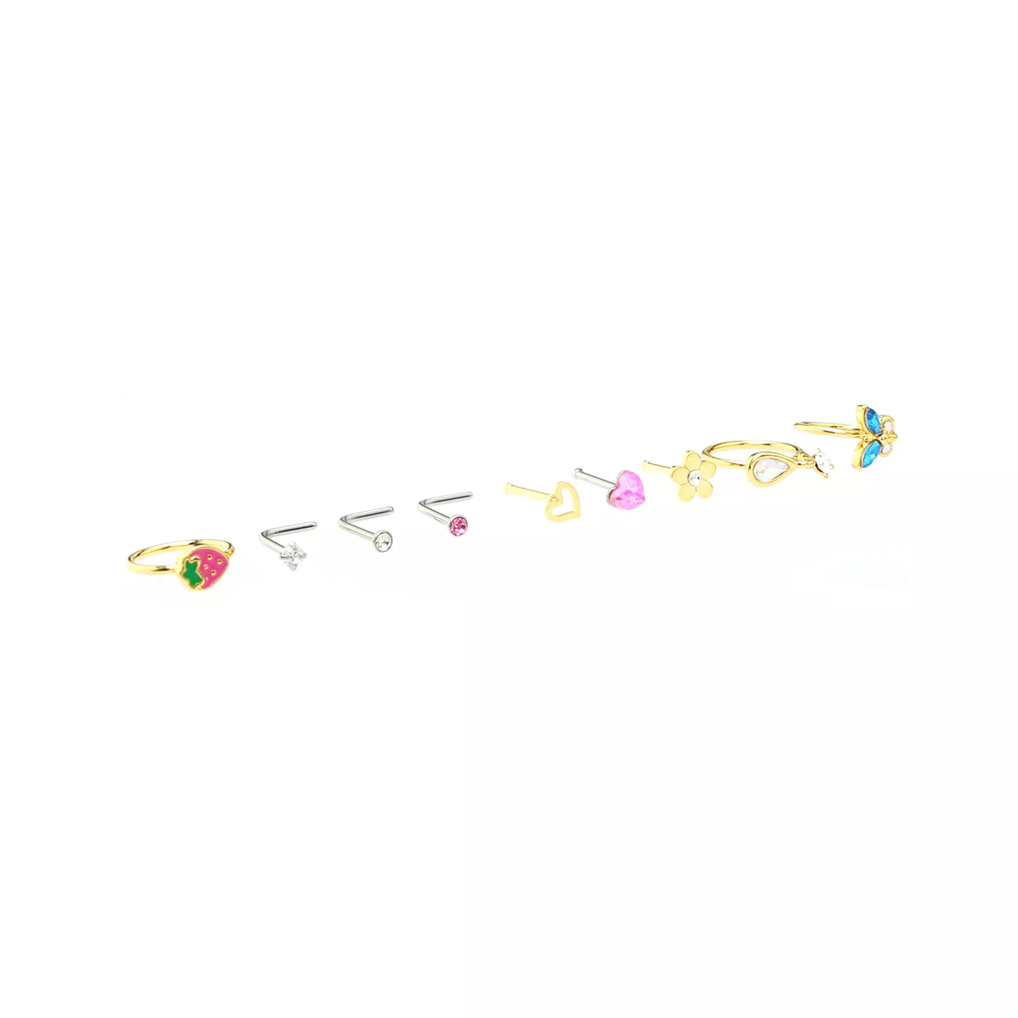 Multi-Pack CZ Flower and Strawberry Mixed Nose Rings 9 Pack - 20 Gauge at Spencer's