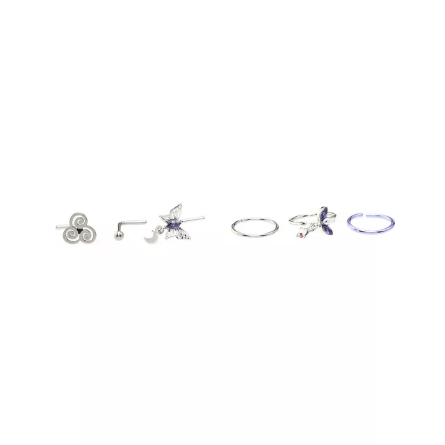 Multi-Pack CZ Butterfly Swirl Hoop Nose Rings and L-Bend Nose Rings 6 Pack - 20 Gauge at Spencer's