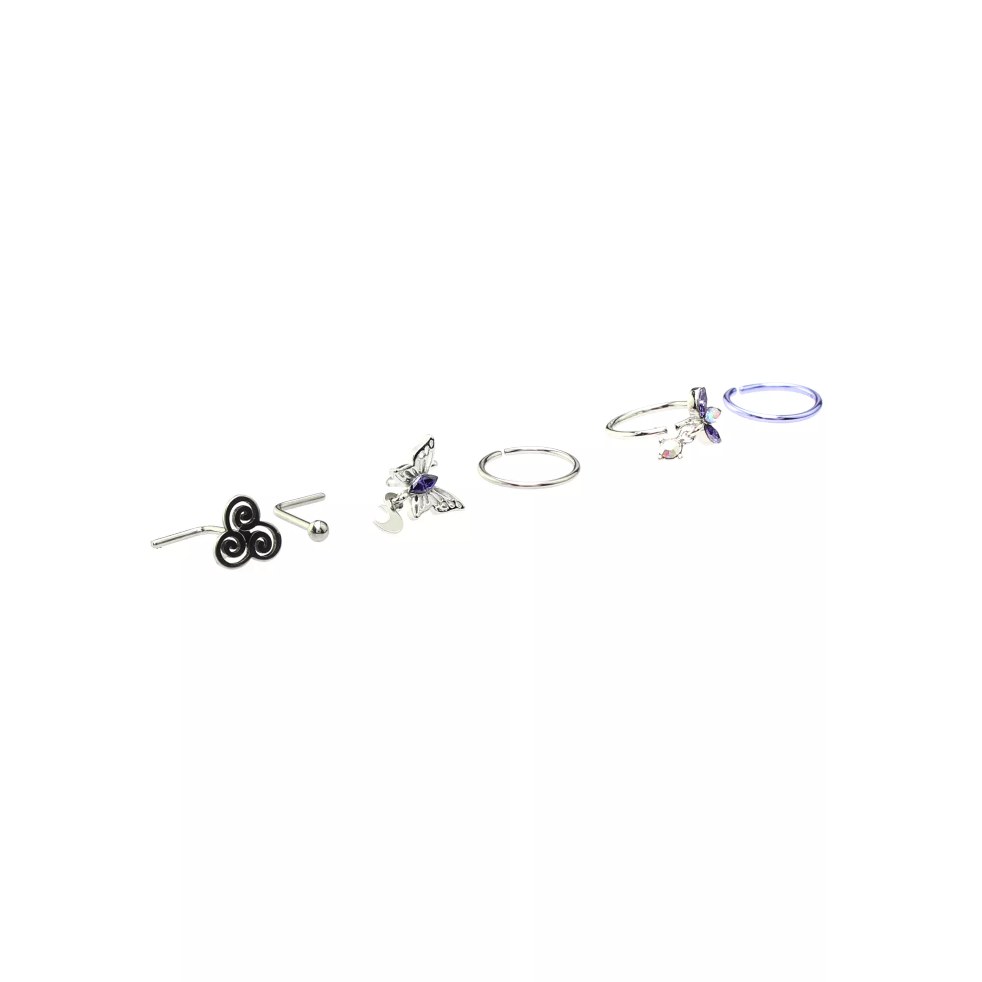 Multi-Pack CZ Butterfly Swirl Hoop Nose Rings and L-Bend Nose Rings 6 Pack - 20 Gauge at Spencer's