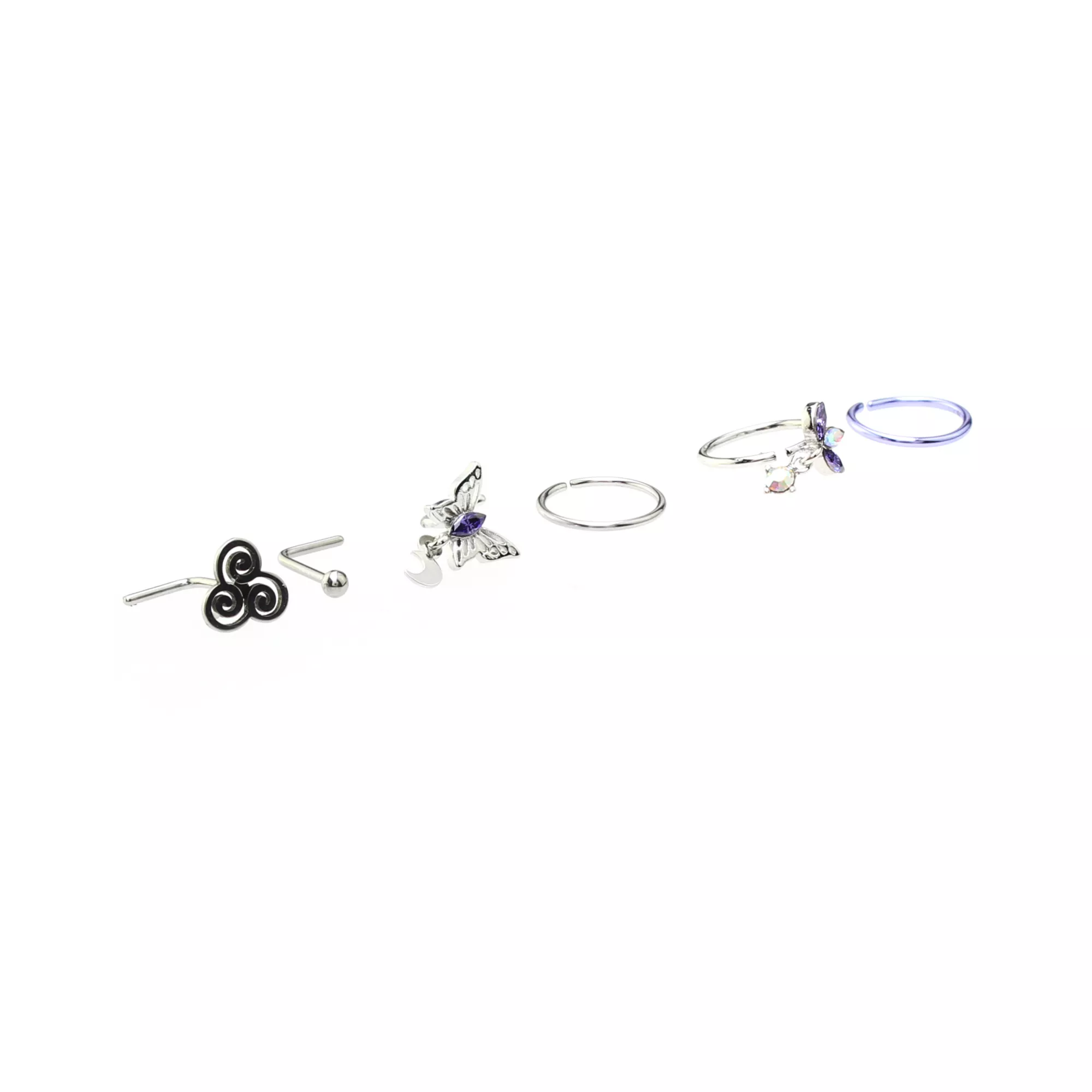 Multi-Pack CZ Butterfly Swirl Hoop Nose Rings and L-Bend Nose Rings 6 Pack - 20 Gauge at Spencer's