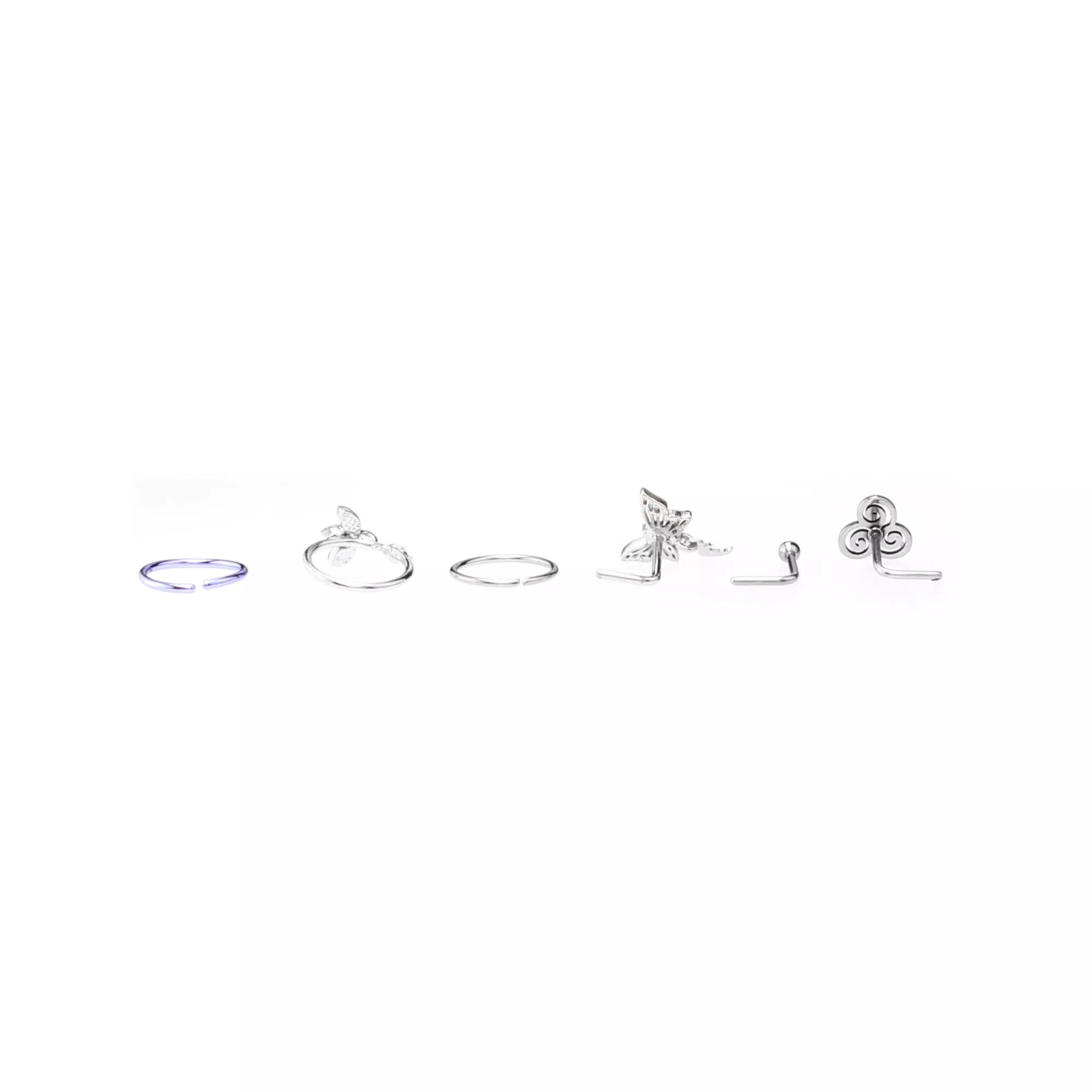 Multi-Pack CZ Butterfly Swirl Hoop Nose Rings and L-Bend Nose Rings 6 Pack - 20 Gauge at Spencer's