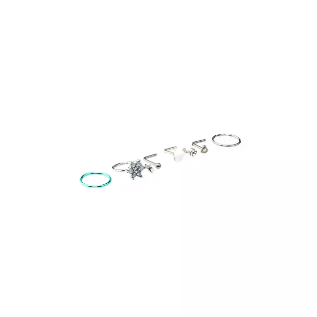 Multi-Pack CZ Heart and Flower Hoops and L-Bend Nose Rings 6 Pack - 20 Gauge at Spencer's