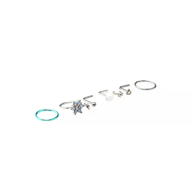 Multi-Pack CZ Heart and Flower Hoops and L-Bend Nose Rings 6 Pack - 20 Gauge at Spencer's