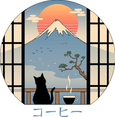 Coffee Cat in Mt. Fuji T Shirt- Vincent Trinidad