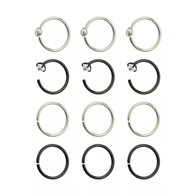 Multi-Pack Black and Silvertone Hoop Nose Rings and Half Hoop Nose Rings 12 Pack - 20 Gauge at Spencer's