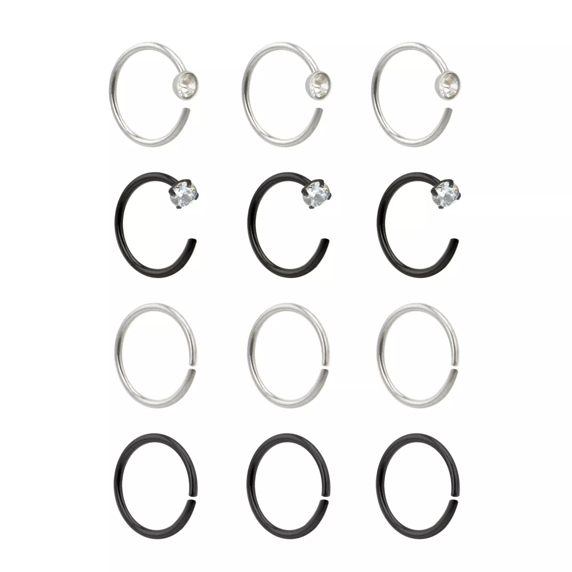 Multi-Pack Black and Silvertone Hoop Nose Rings and Half Hoop Nose Rings 12 Pack - 20 Gauge at Spencer's