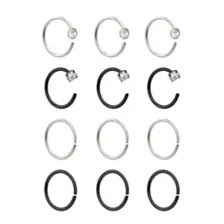 Multi-Pack Black and Silvertone Hoop Nose Rings and Half Hoop Nose Rings 12 Pack - 20 Gauge at Spencer's