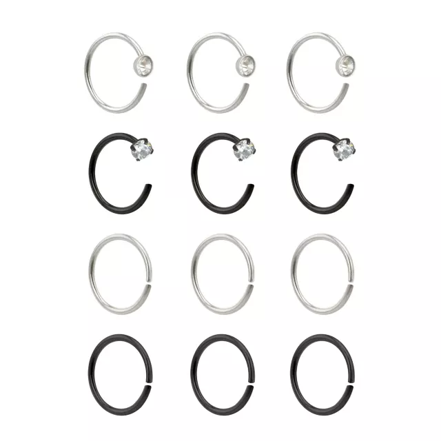 Multi-Pack Black and Silvertone Hoop Nose Rings and Half Hoop Nose Rings 12 Pack - 20 Gauge at Spencer's