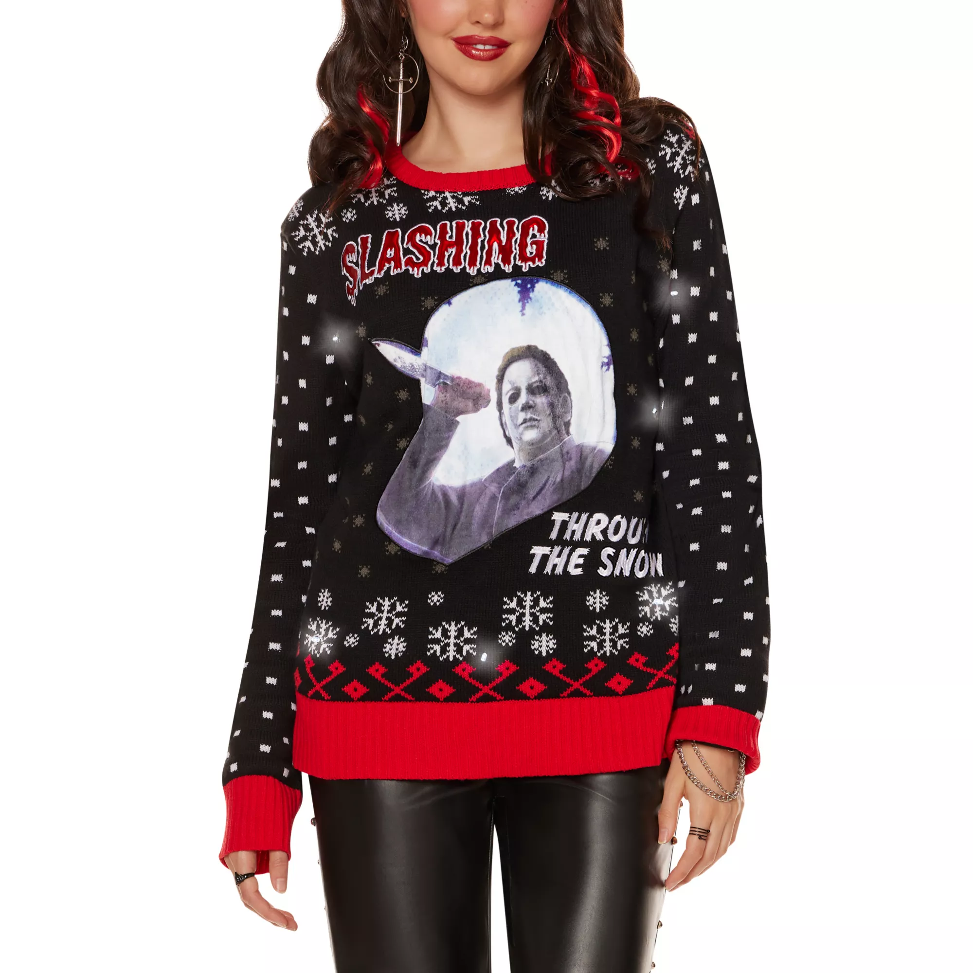 Light-Up Michael Myers Slashing Through the Snow Christmas Sweater - Halloween at Spencer's