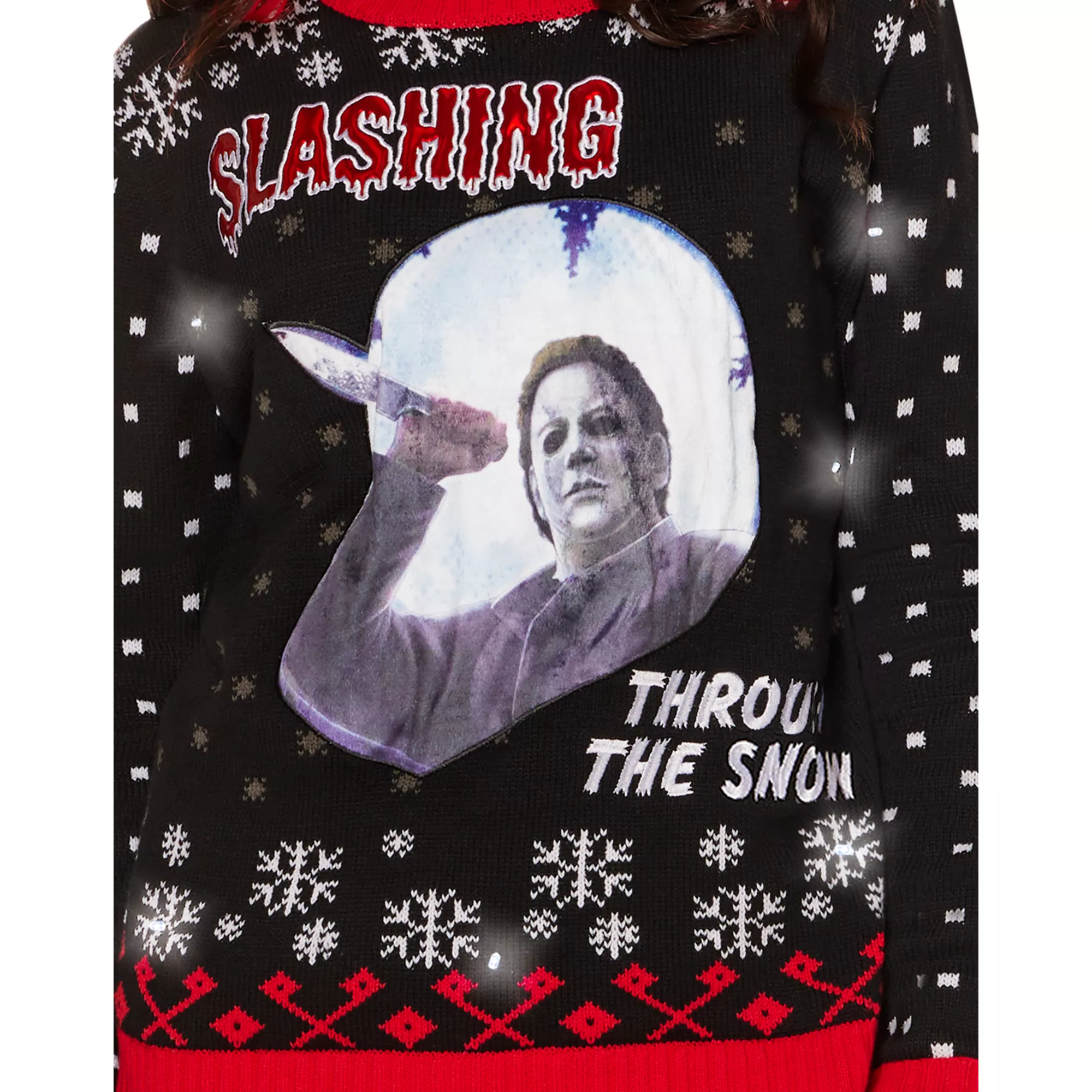 Light-Up Michael Myers Slashing Through the Snow Christmas Sweater - Halloween at Spencer's