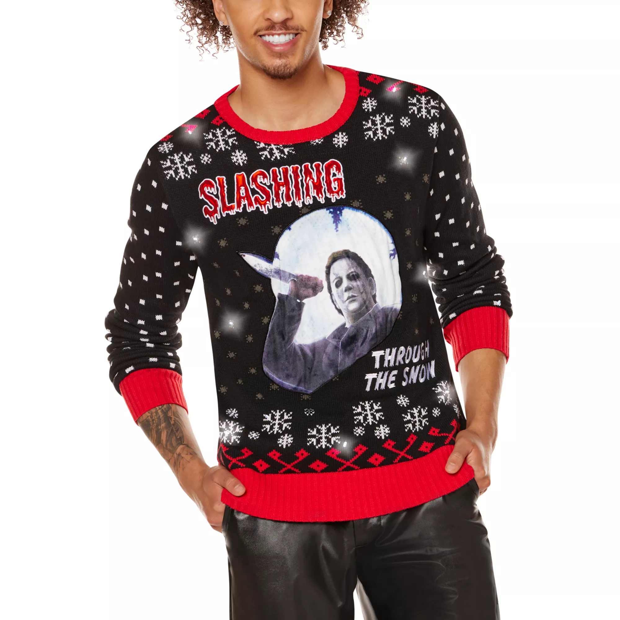 Light-Up Michael Myers Slashing Through the Snow Christmas Sweater - Halloween at Spencer's