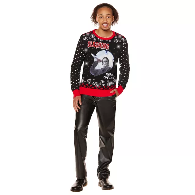 Light-Up Michael Myers Slashing Through the Snow Christmas Sweater - Halloween at Spencer's