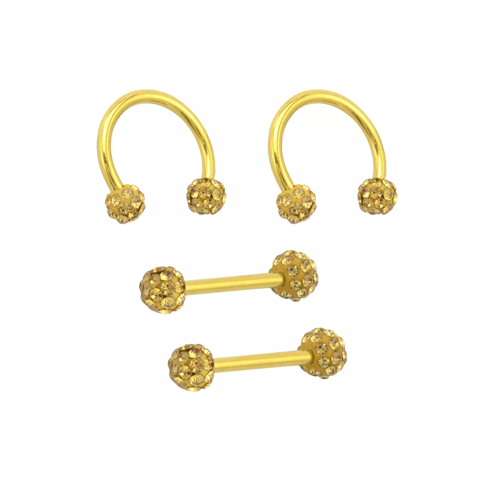 Multi-Pack Goldtone Pave Nipple Barbells and Horseshoe Rings 4 Pack - 14 Gauge at Spencer's