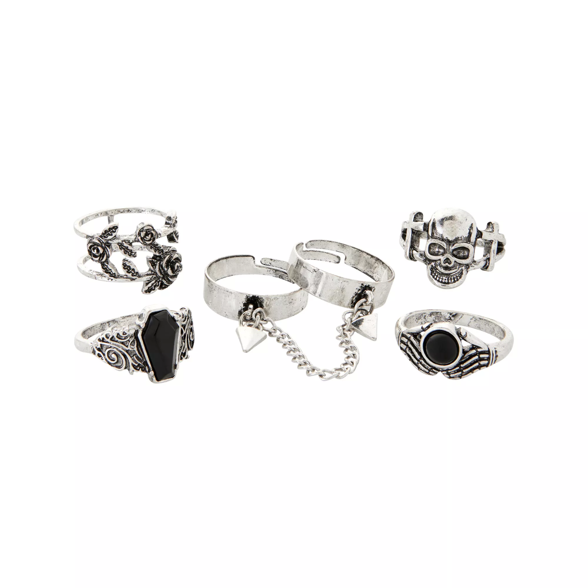Multi-Pack Chain Rose Skull Coffin Rings - 5 Pack at Spencer's