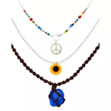 3 Row Peace Sign and Sunflower Beaded and Chain Necklace at Spencer's