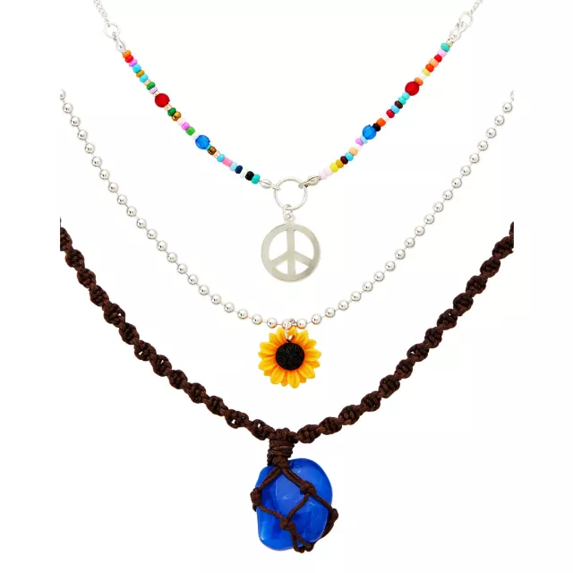 3 Row Peace Sign and Sunflower Beaded and Chain Necklace at Spencer's