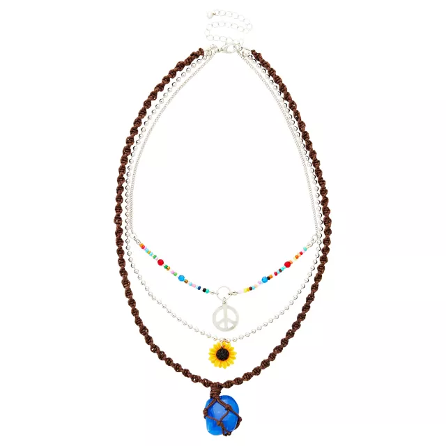 3 Row Peace Sign and Sunflower Beaded and Chain Necklace at Spencer's