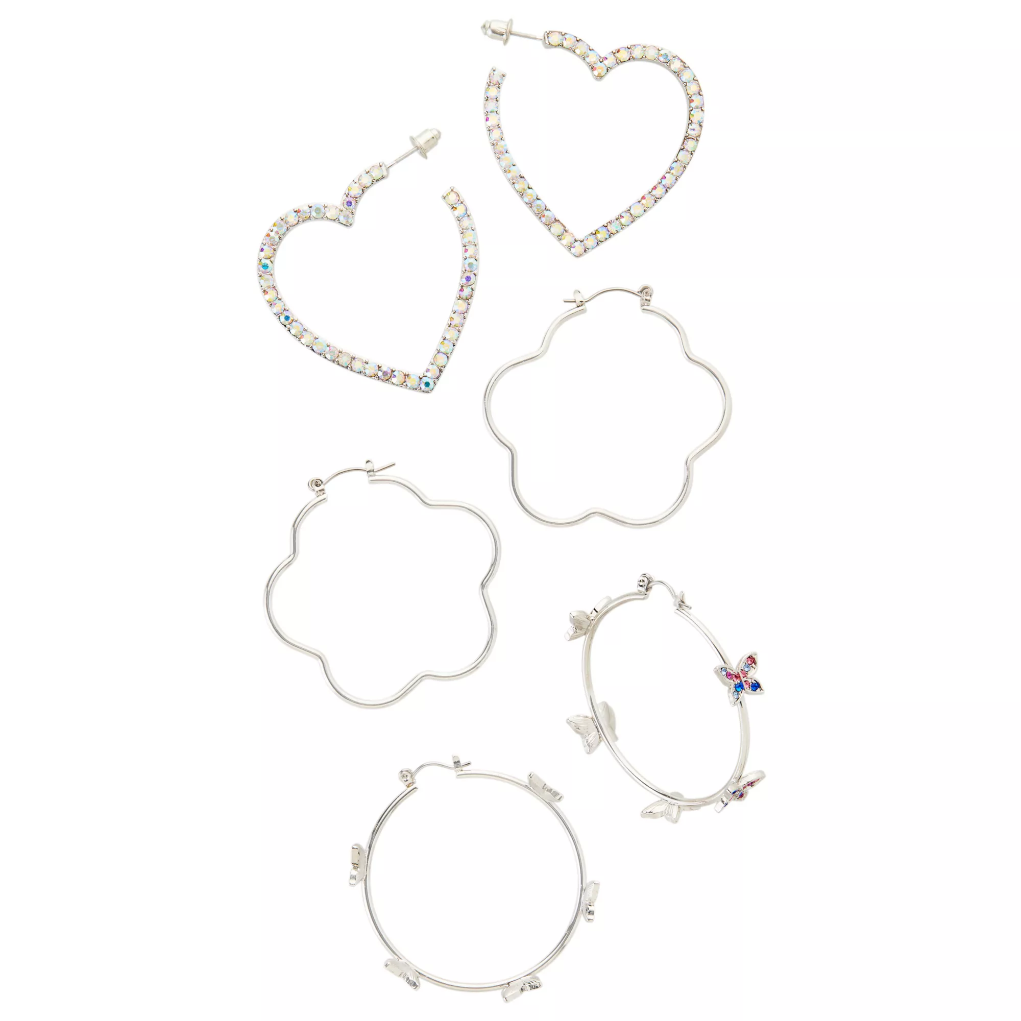 Multi-Pack CZ Heart and Glitter Butterfly Hoop Earrings - 3 Pair at Spencer's
