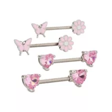 Multi-Pack Pink Flower Heart and Butterfly Nipple Barbells 2 Pair - 14 Gauge at Spencer's