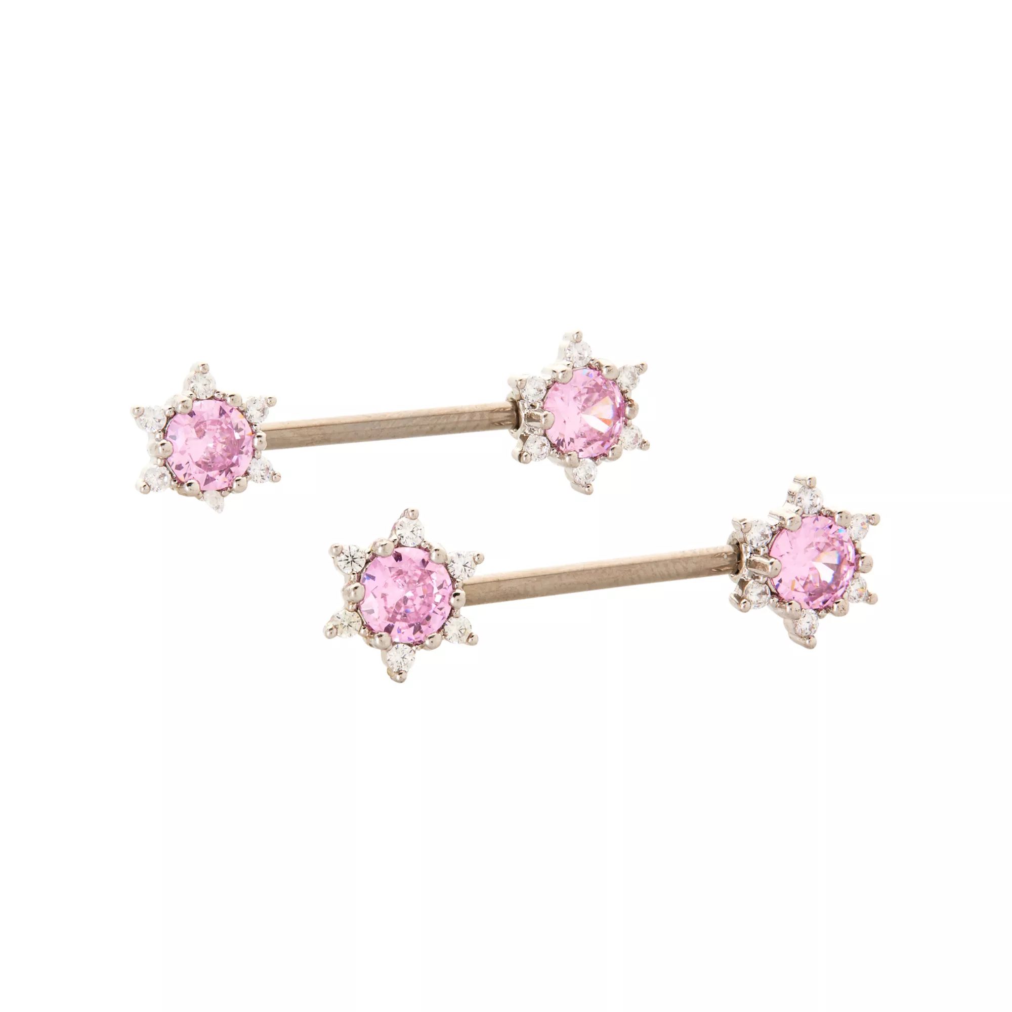 CZ Pink Flower Nipple Barbells - 14 Gauge at Spencer's