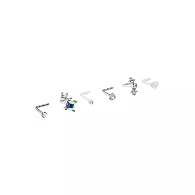 Multi-Pack CZ Silvertone and White Butterfly L-Bend Nose Rings 6 Pack - 20 Gauge at Spencer's