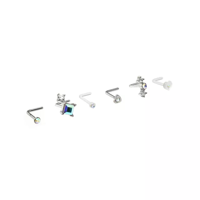 Multi-Pack CZ Silvertone and White Butterfly L-Bend Nose Rings 6 Pack - 20 Gauge at Spencer's