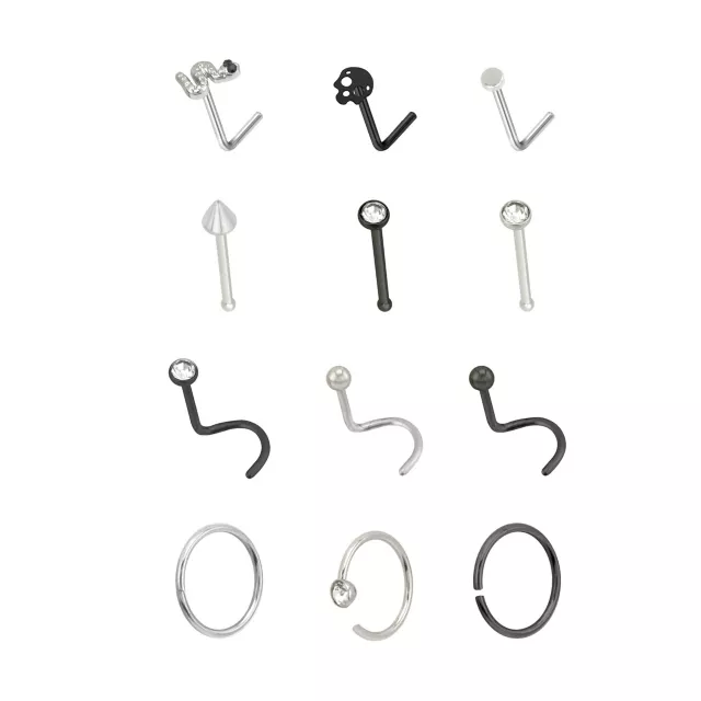 Multi-Pack Skull Pin Hoop and L-Bend Nose Rings 12 Pack - 20 Gauge at Spencer's