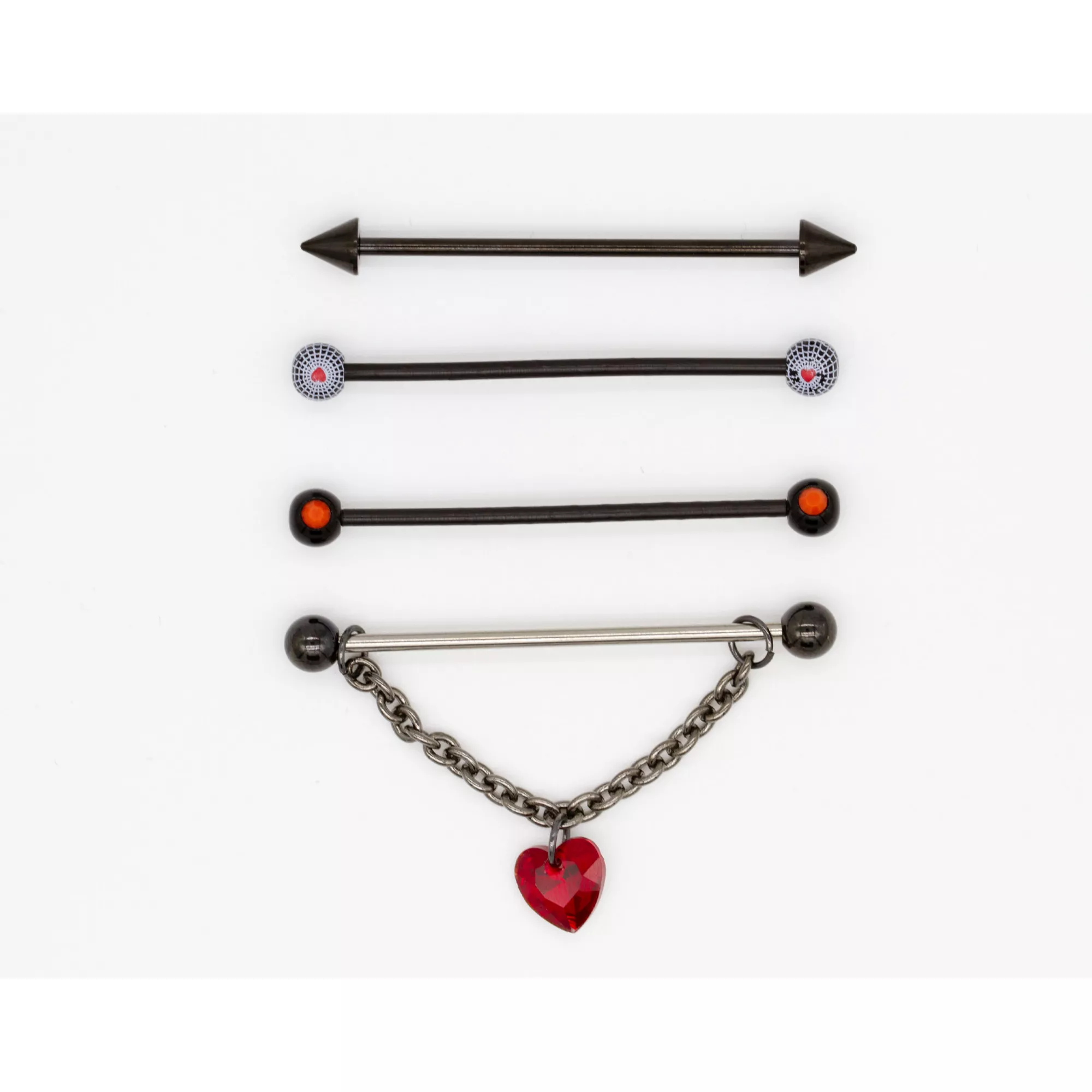 Multi-Pack Spiderweb Hearts Industrial Barbells 4 Pack - 14 Gauge at Spencer's