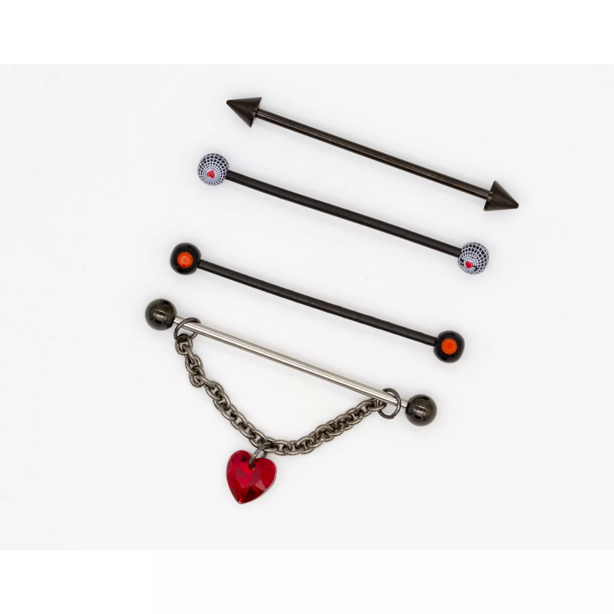 Multi-Pack Spiderweb Hearts Industrial Barbells 4 Pack - 14 Gauge at Spencer's