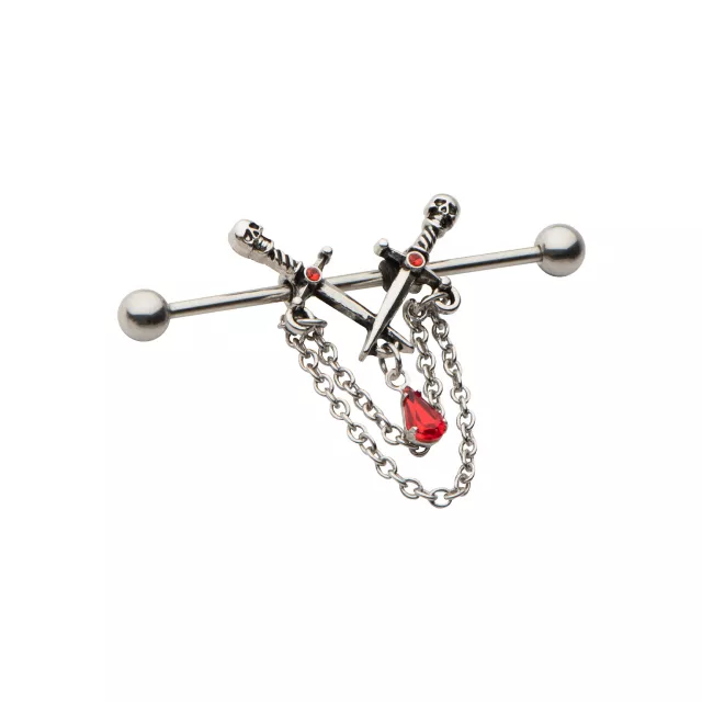 Skull Swords Dangle Chain Industrial Barbell 14 Gauge Spencer's