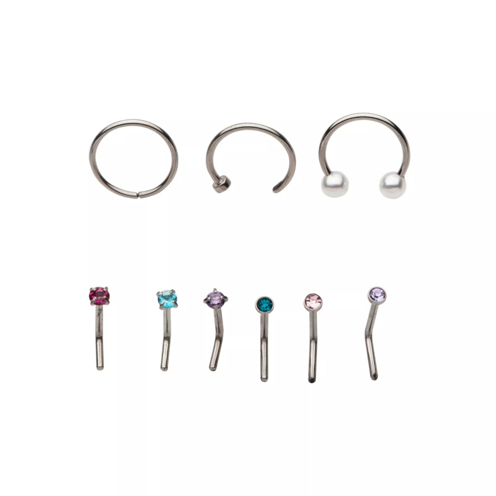 Multi-Pack CZ Pink and Blue Hoop Nose Rings and L-Bend Nose Rings 9 Pack - 20 Gauge at Spencer's