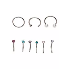 Multi-Pack CZ Pink and Blue Hoop Nose Rings and L-Bend Nose Rings 9 Pack - 20 Gauge at Spencer's