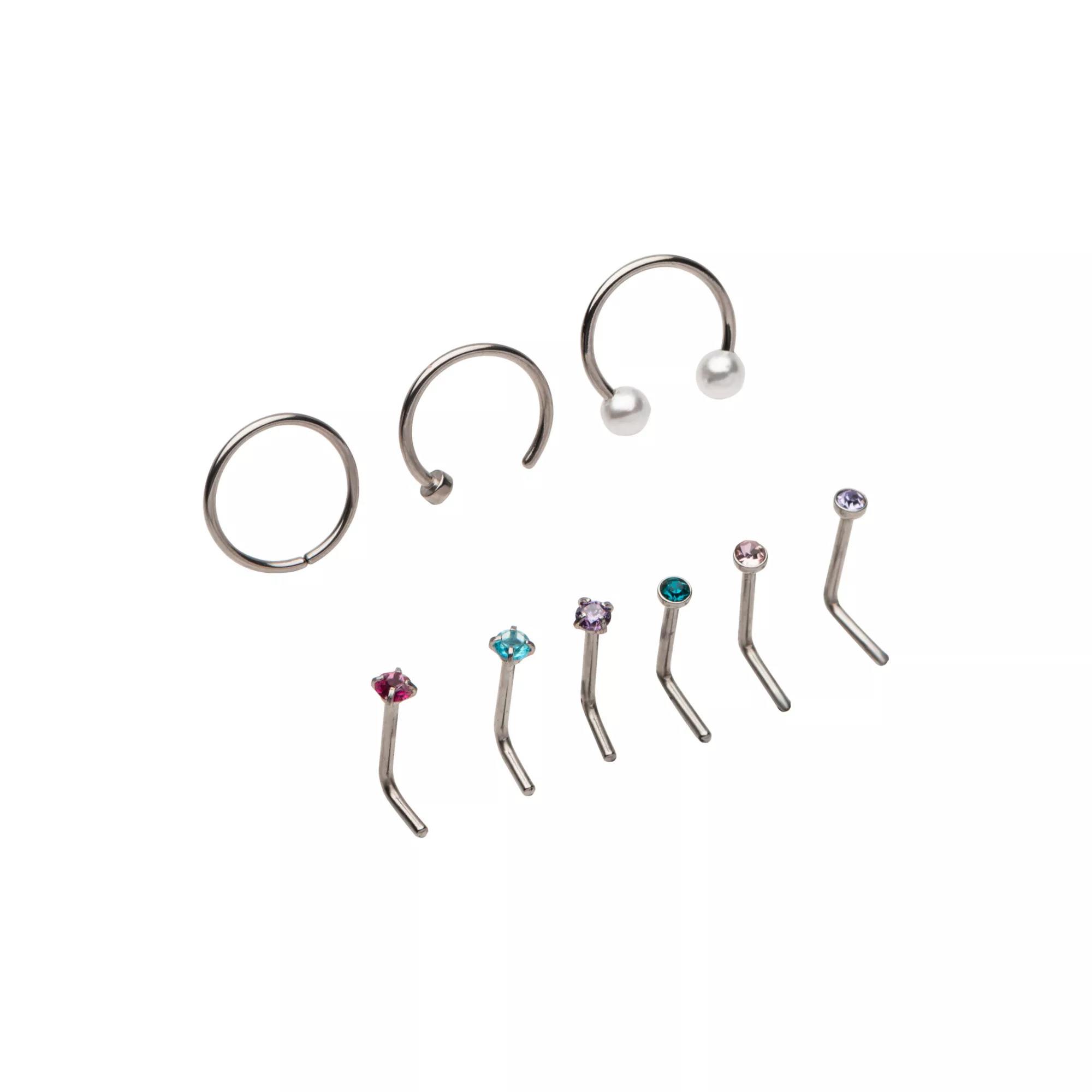 Multi-Pack CZ Pink and Blue Hoop Nose Rings and L-Bend Nose Rings 9 Pack - 20 Gauge at Spencer's